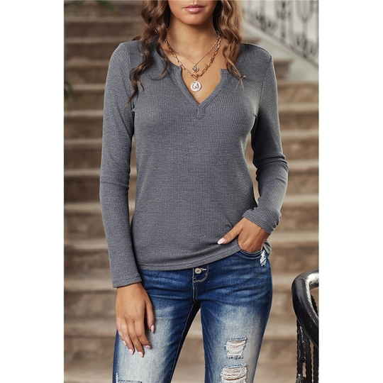 Gray V Neck Cotton Blend Long Sleeve Top - gray, (us 4-6)s - (us 4-6)s grey