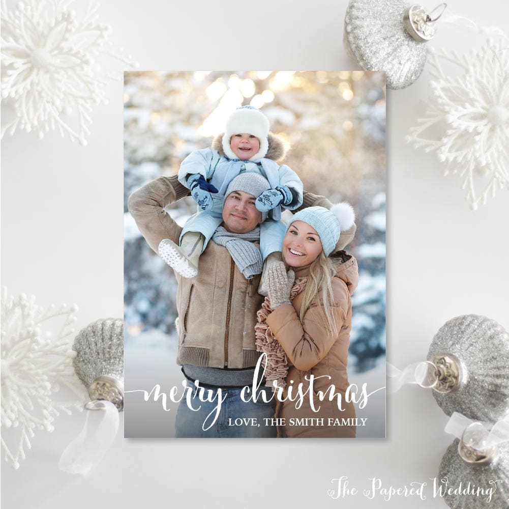 Printable Or Printed Photo Christmas Cards - Rustic Calligraphy Merry Holiday Cards, Portrait 007 P1