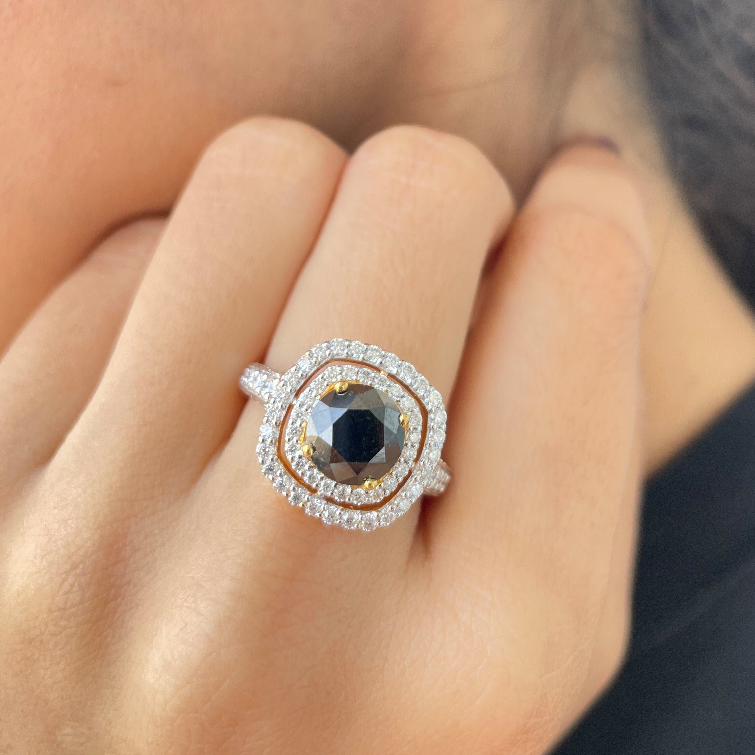 Double Halo Engagement Ring, 2.25 Ct Black Diamond Solitaire 1.25 Accent & White Ring