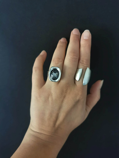 Antique Silver Plated Adjustable Ring | Minimalist Rectangular Shape Faceted Crystal Boho Jewelry