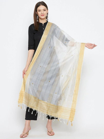 Women's Silk Blend White & Gold-Toned Woven Design Dupatta With Beads & Stones Free Shipping