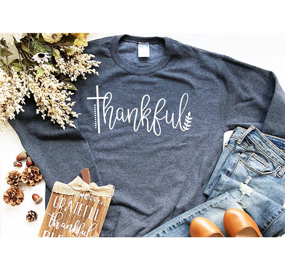 Womens Thanksgiving Sweatshirt Thankful Sweater Fall Holiday Tops Gift Grateful Blessed Cute Shirt Cross Christian Religious