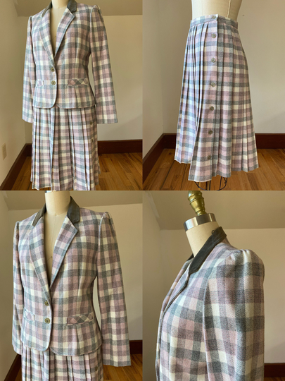 1980's Pink Plaid Wool Blend Skirt Suit By Russ Size 4, Vintage Pink Blazer & Pleated Xs
