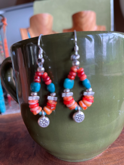 Spiny Oyster Turquoise Loop Earrings W .925 Sterling Silver Sunburst Charm Shell Natural Stone Kingman Mine Dangly Dangle