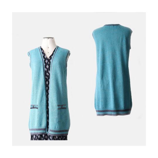 Women's Waist Coat Baby Alpaca - Linen Blend in Blue Shades, Sleeveless Cardigan