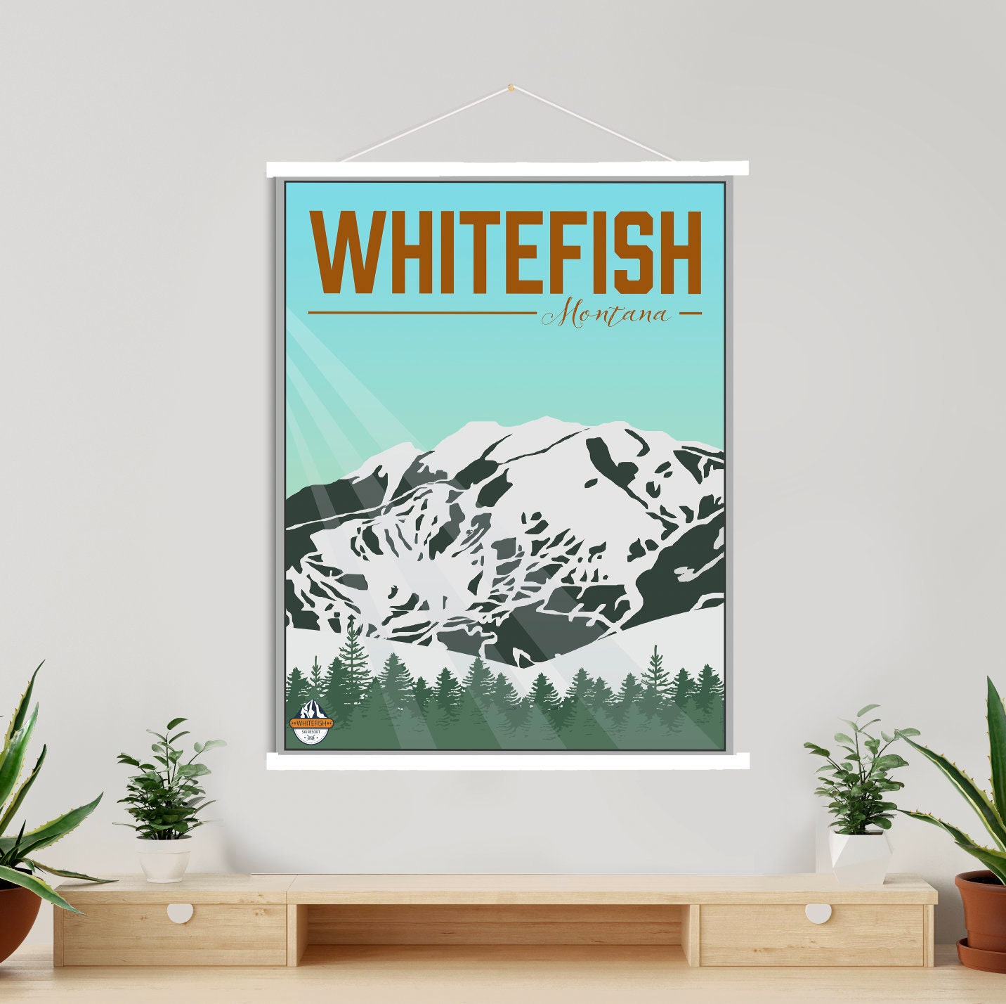 Whitefish Montana Ski Resort Illustration Print | Hanging Canvas Of Printed Marketplace