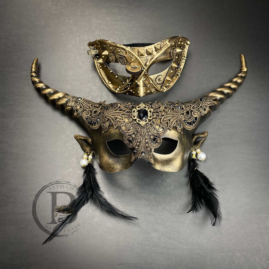 Ram Horns, Couples Masquerade Masks, His & Hers Steampunk Masks For Men & Women, Gold Mask Party