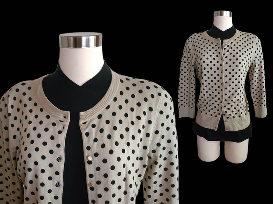 Vintage Black Polka Dot Sweater Cardigan Beige Brown Taupe Dots Rayon Nylon Blend Button Down Shirt By Cupio Size M