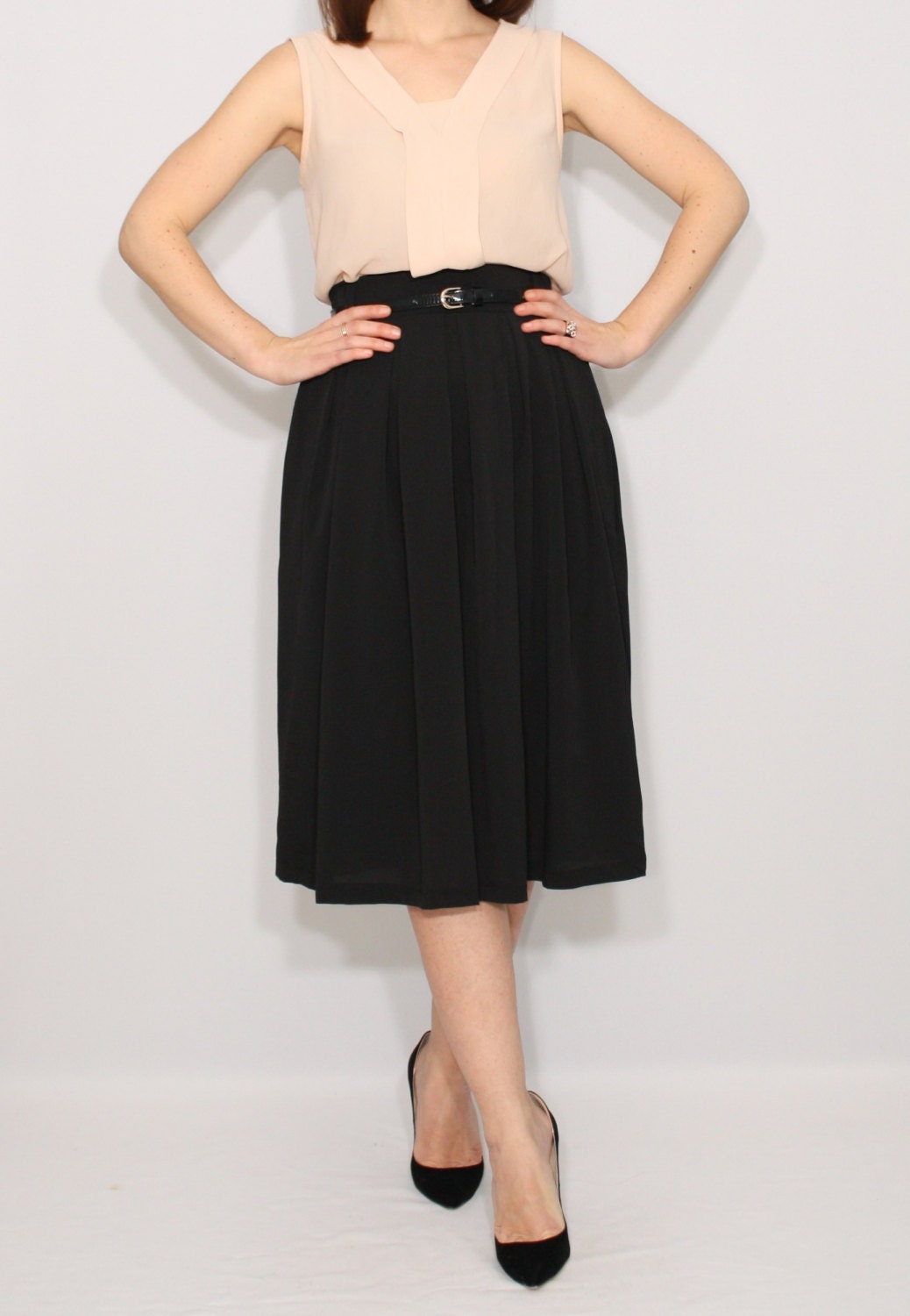 Black Midi Skirt With Pockets, Black Chiffon Skirt, High Waist