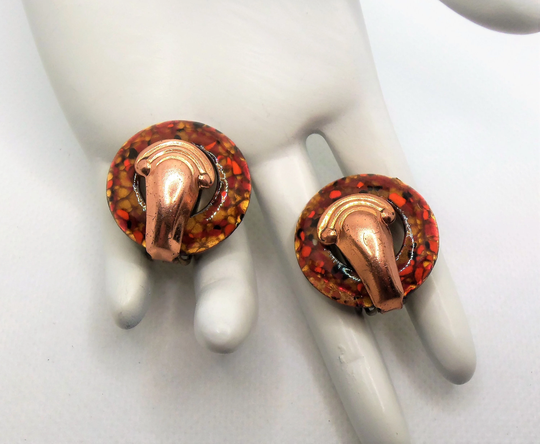 Vintage Copper Tone & Orange Enamel Mcm Clip Earrings Designer Signed Matisse