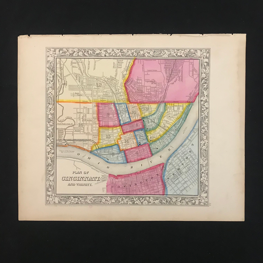1862 Mitchell Map Of Cincinnati, Original Hand Colored Antique Ohio, 19Th Century For Framing