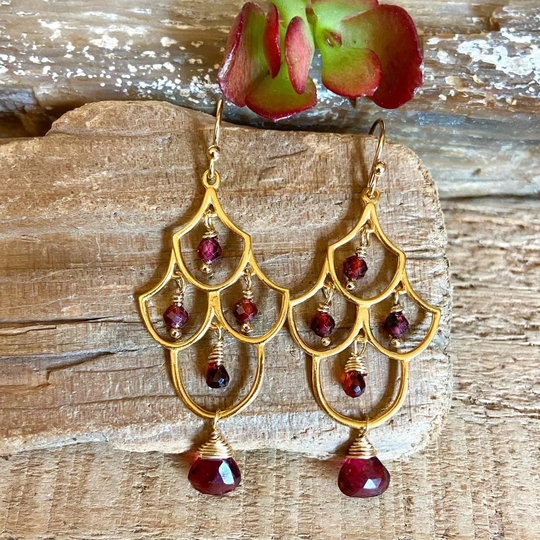 Garnet Gemstone Gold Chandelier Earrings