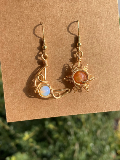 Golden Sun & Moon Wire-Wrapped Crystal Earrings