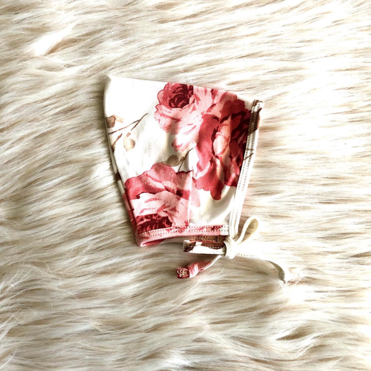 Baby Bonnet in "Abigail" Pink & Coral Red Floral, Pixie Bonnet, Pointed Tan Hat, Hat, Boho Hat,, Gift