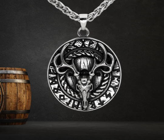 Goat Skull & Runes Stainless Steel Necklace, Viking Medieval Jewelry, Goat, Demon Skull, Gothic Wiccan