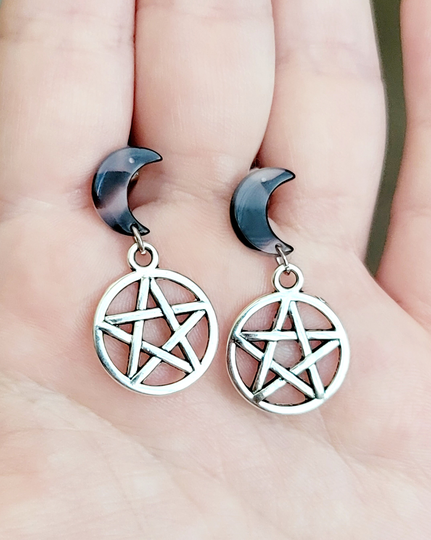 Pentagram Stud Earrings, Crescent Moon Dangle Studs, Silver Star Charm Witchy Witch Jewelry