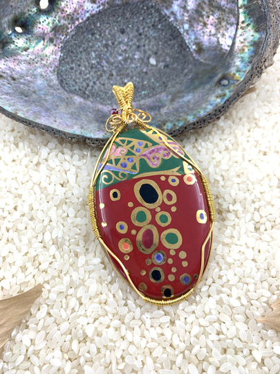 Klimt Pendant, Hand Painted, Wire Wrapped Porcelain, Ceramic Focal Jewelry, Global Curiosity, Boho, Art Nouveau, Inspired, Art Gift