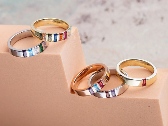 14K Gold Initial Birthstone Rings, Personalized Gifts, Silver Unique Baguette Bands, Family Ring For Mothers, Valentines Day Gift