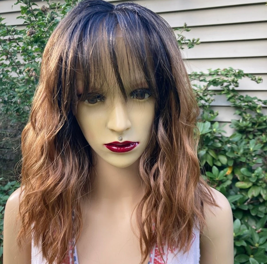 Short Ombre Light Brown Human Hair Blend Daily Wig With Bangs