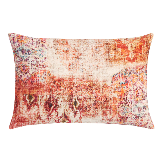 Oversized Magenta Distressed Persian Rug Print Lumbar Pillow: Orange/Pink - Cotton by World Market