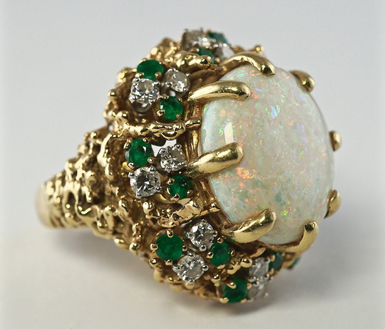 Diamond Emerald Australian Opal Ring, 18K Gold