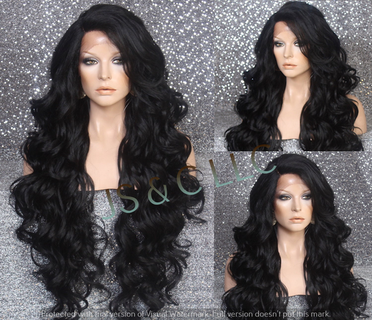 40" Extra Long Human Hair Blend Wig With Romantic Curls & Bangs Black Natural Mono Side Part Lace Front Heat Safe