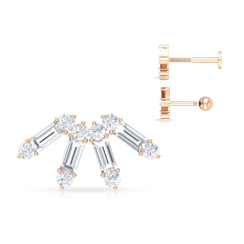 1/4 Ct Statement Diamond Earrings, Baguette Round Studs, Piercing Earrings
