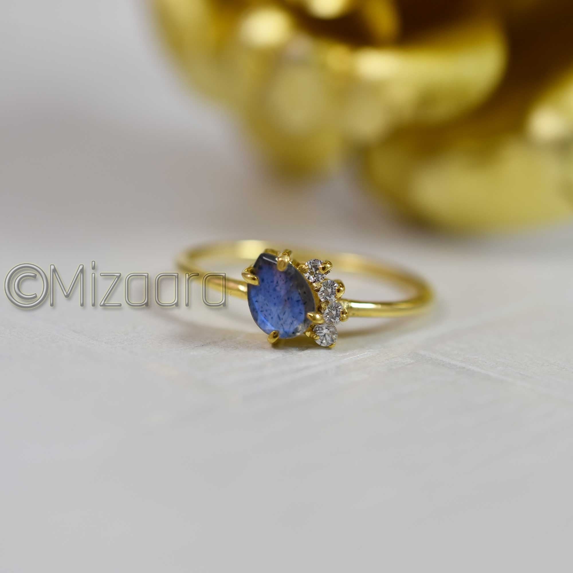 Blue Fire Labradorite 925 Sterling Silver Zircon Ring Faceted Gemstone Yellow Gold Unique Gift For Wedding Girl's Dainty