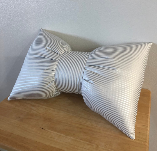 Metallic Silver Bow Lumbar Pillow in Riley Blake Pinstripe Cotton Fabric