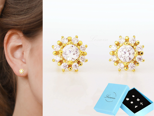 Dainty 18K Gold Halo Sun Earrings, Tiny Cz Sol Celestial Studs, Petite Starburst, Minimalist Sunflower Handmade Jewelry, Summer, Plants