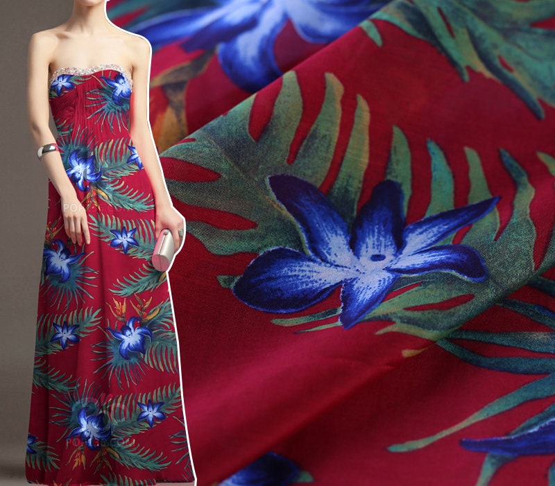 Plant Floral Print Red Silk Cotton Blend Fabric Width 54 Inch