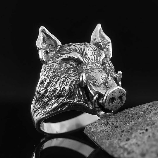 Boar Ring, Hunter Ring Gift For Father Animal Jewelry, Sterling Silver Mens