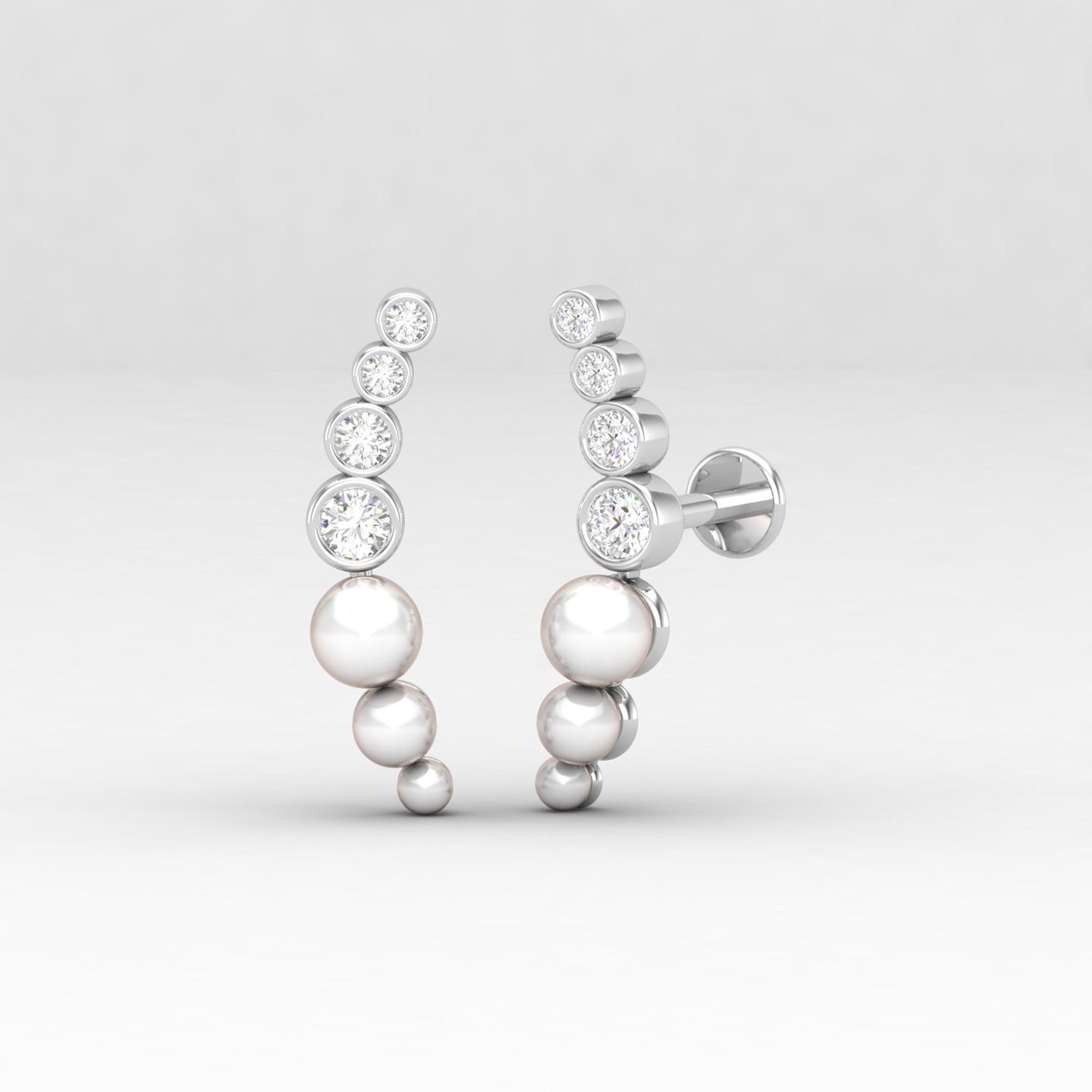 Diamond Cartilage Earrings, 14K Pearl Helix Piercing, Curved Earring, Wrap Crawler