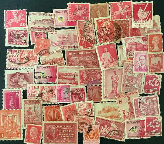 50 Pink Rose Used World Postage Stamps For Crafting, Collage, Cards, Altered Art, Scrapbooks, Decoupage, Journals History 52D