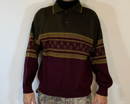 Vintage 80's Wool Blend Olive Green Mustard Dark Red Knitted Oversized Sweater Pullover Jumper Size M Men