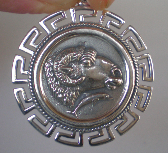 Ram's Head X-Large Silver Coin Pendant - Meander Design Nobility Fertility