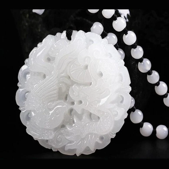 Natural Chinese White Jade Hand-Carved Dragon & Phoenix Amulet Pendant. A612