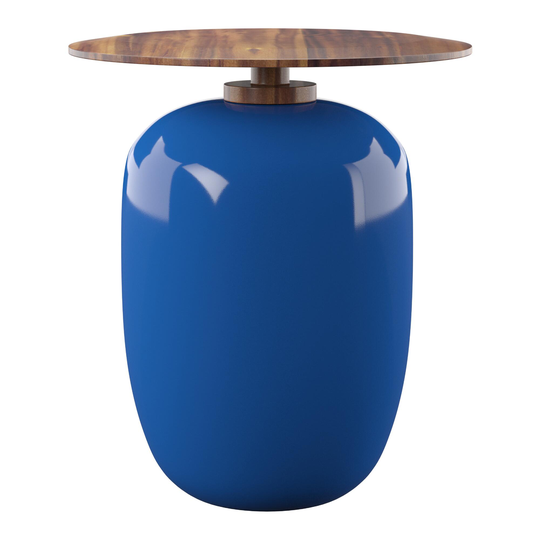 Round Blue Ceramic and Acacia Wood Outdoor Patio Accent Table by World Market