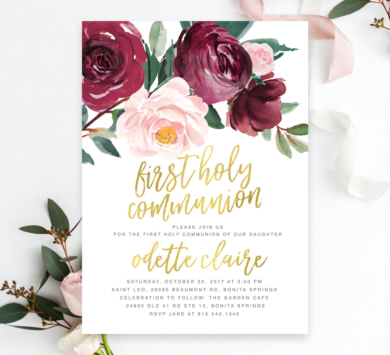 First Holy Communion Invitation Girl, Girl Invite, Floral Blush Pink & Burgundy Flowers, Greenery - Gold Odette