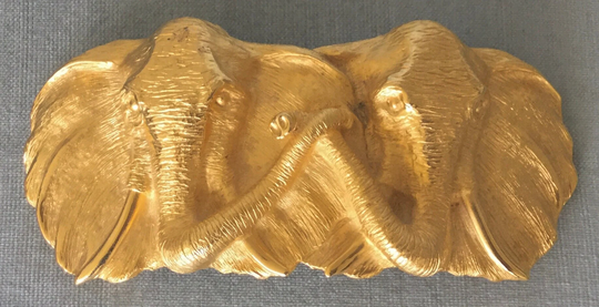 Massive Douglas Paquette Signed Two Loving Elephants 6 1/2" Long Belt Buckle Gold Metal Vintage Designer Couture Runway Animal Safari