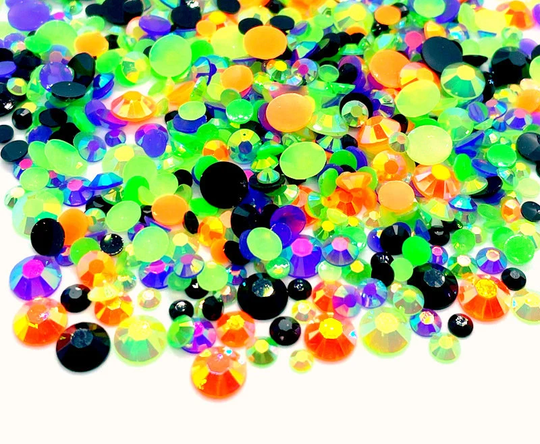 Halloween Witch's Brew Blend Rhinestone Mix 3/4/5/6mm Flatback Jelly Resin Rhinestones Mixed Sizes, Purple | Orange Yellow Black