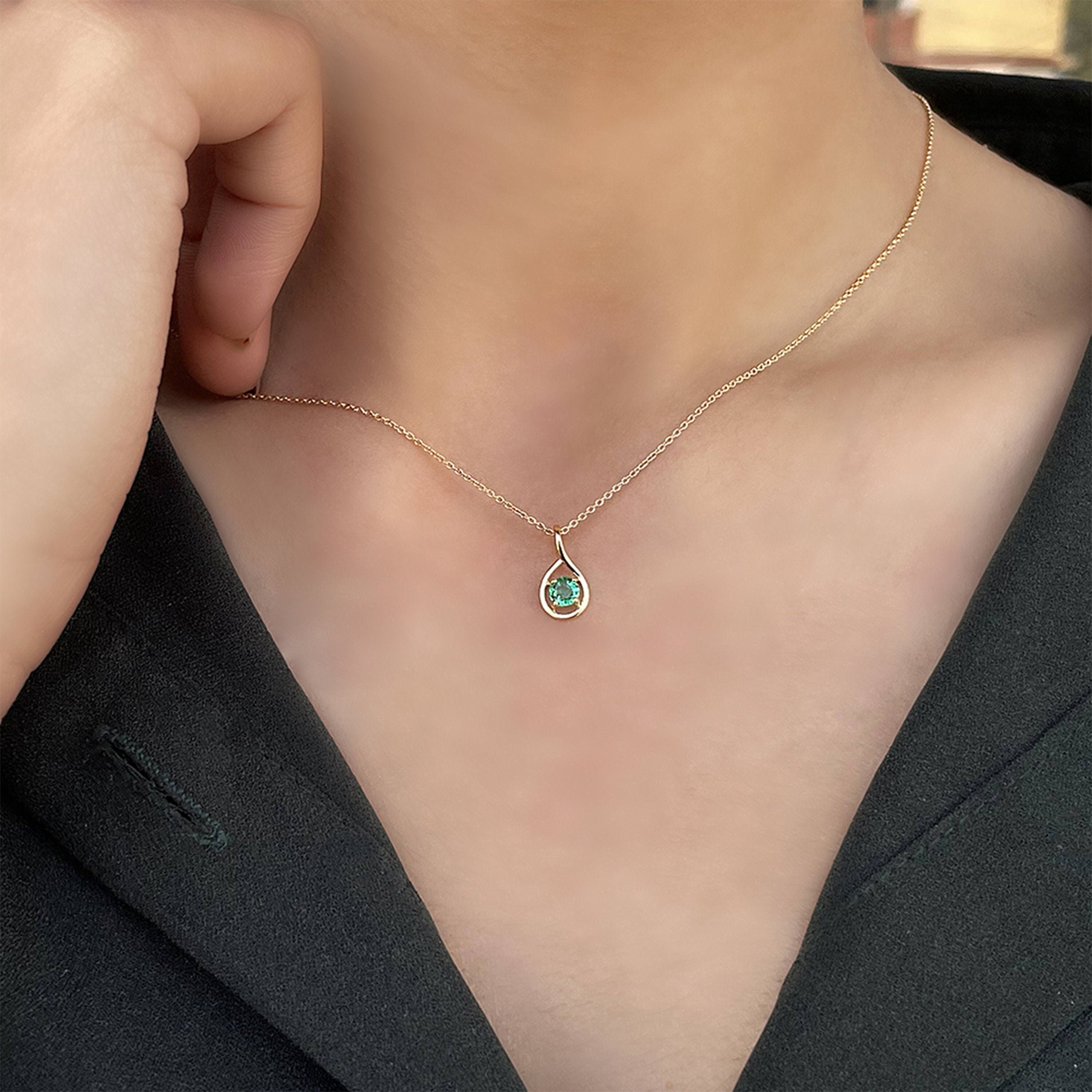 Teardrop Pendant Necklace, 1/4 Ct Emerald Solitaire Simple Necklace For Women