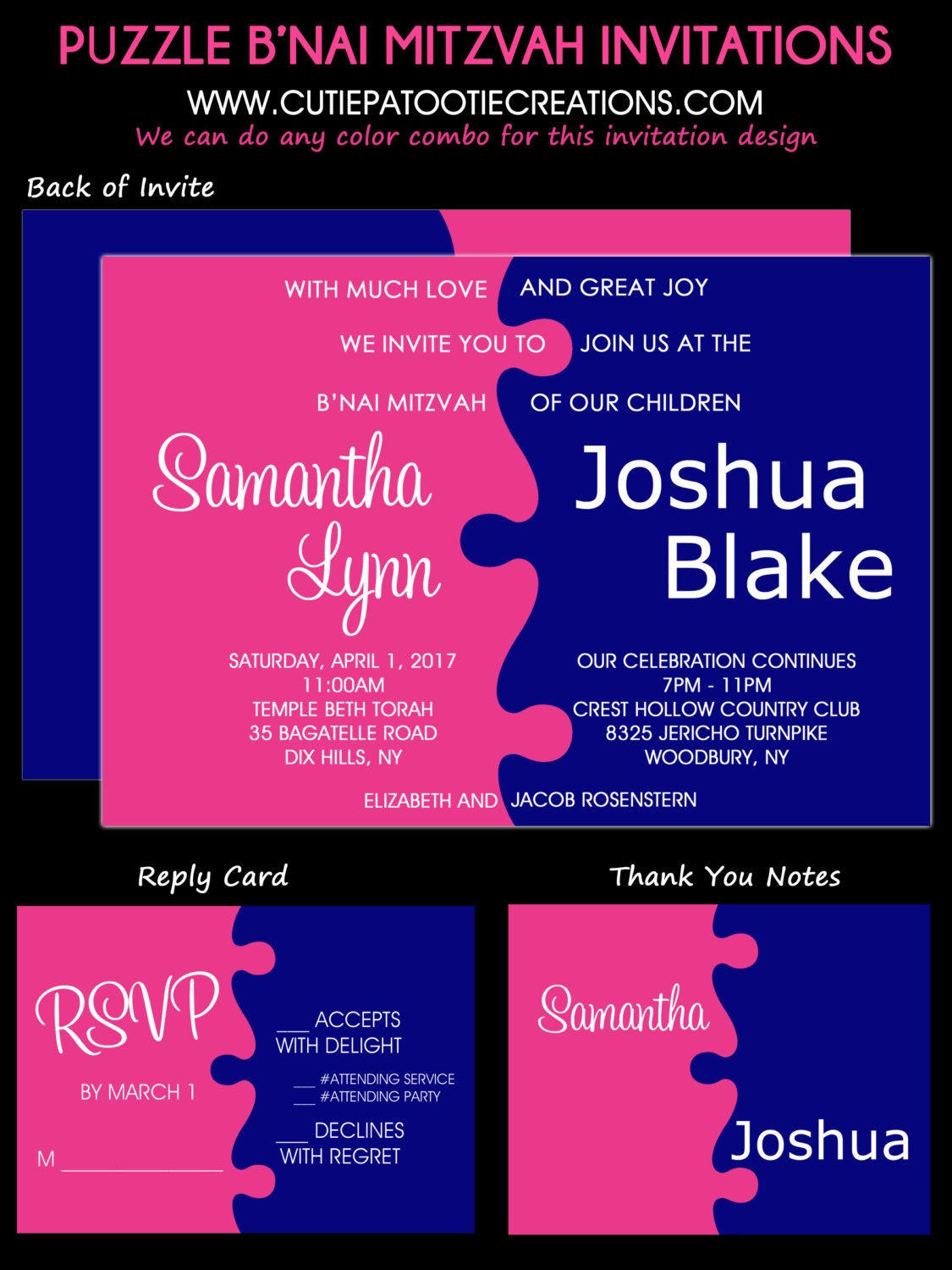 Jigsaw Puzzle Pink & Blue B'nai Or B'not Mitzvah Invitations - Custom Colors Available Rsvp Card Thank You Note Envelope Addressing