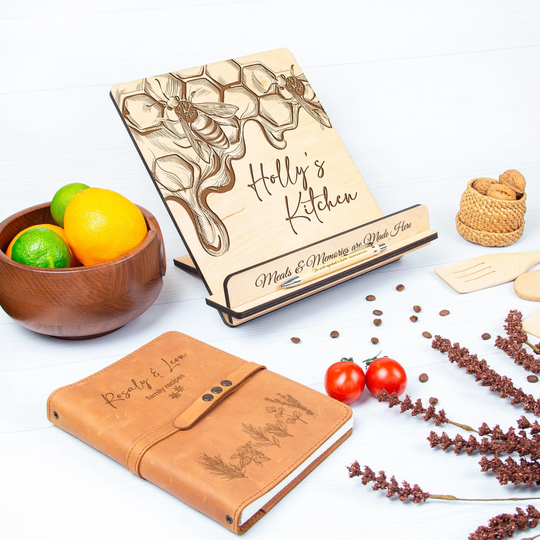 Personalized Wooden Stand - Honeycomb Cookbook Engraved Recipe Cook Book Holder -Kitchen Bumble Bee Kitchen Decor