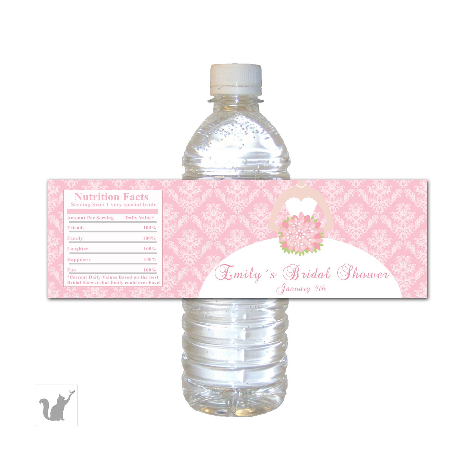 Damask Bridal Shower Bottle Labels - Vintage Bouquet Bride Quinceanera Sweet 16 Printable Party Favors