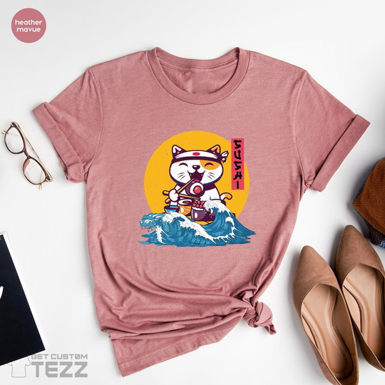 Cute Japan Cat T-Shirt, Sushi & Ramen Foodies Tee, Kawaii Neko Manga Anime Shirt, Lucky Shirt Maneki Tshirt