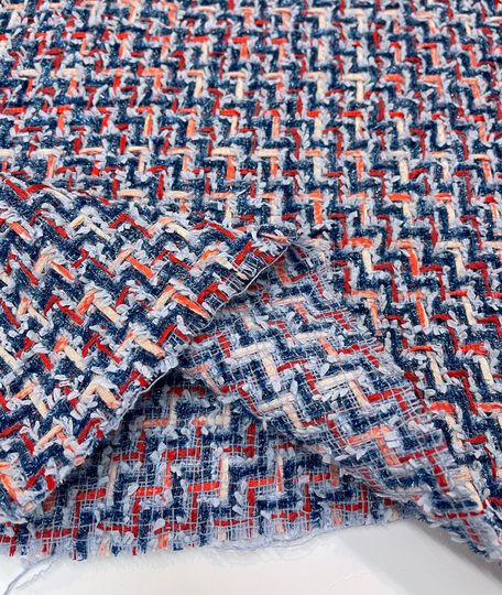 Boucle Fabric, Luxury Wool Blend Tweed, Blue Red Orange Chevron Stripe, Designer Material For Suit, Jacket, Coat 2.25 Meter