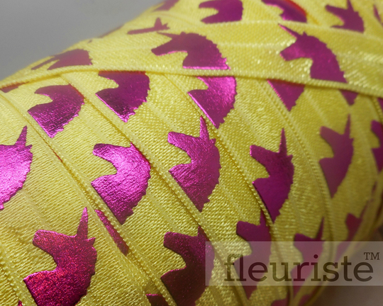 Fold Over Elastic, Foe, Foldover Elastic By The Yard, 5/8 Wholesale Hot Pink Unicorn On Yellow