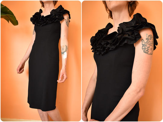 Vintage Ruffle Neck Little Black Dress // 1970S Minimalist Cocktail Small