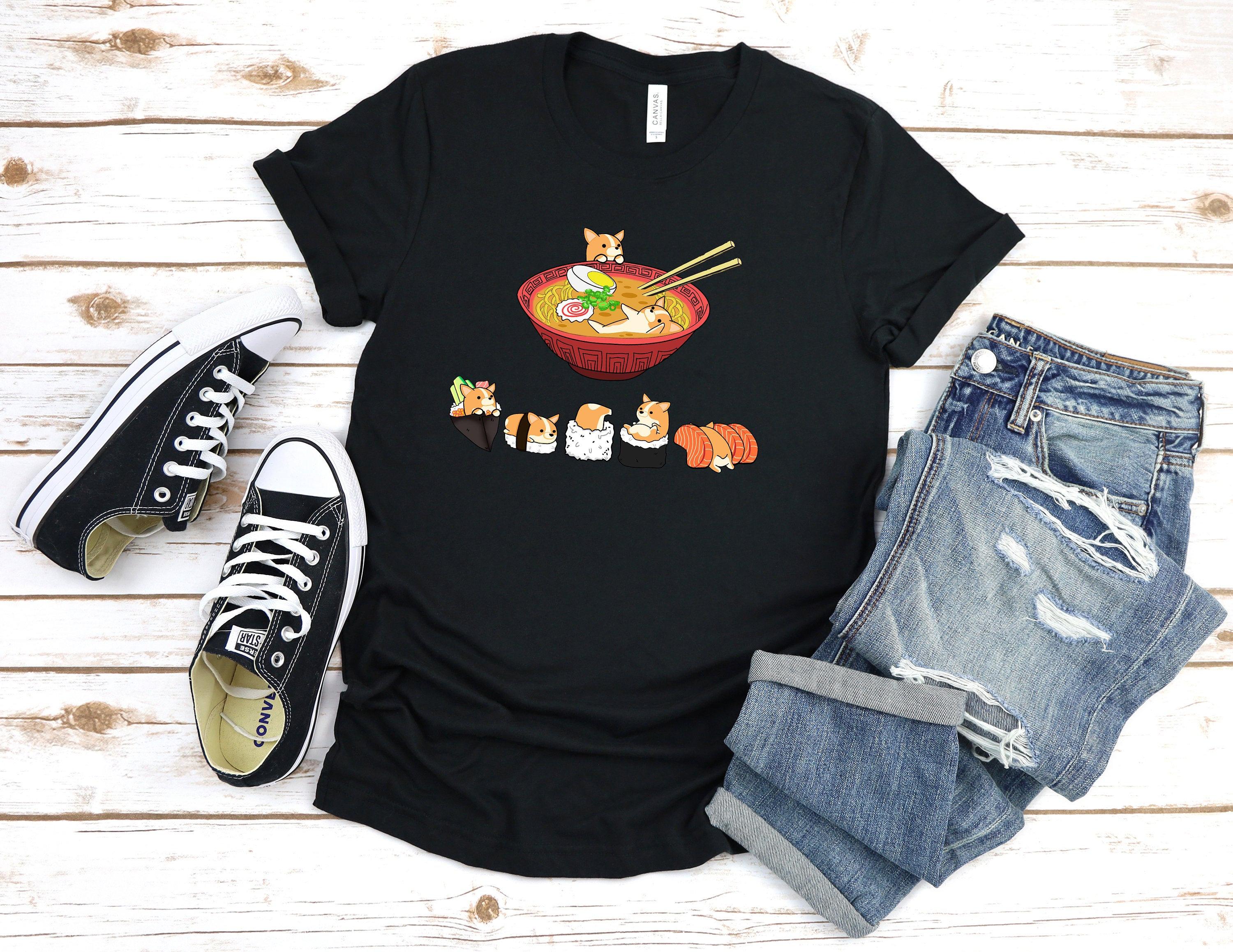 Corgi Shirt, Unisex 100% Cotton. Funny Sushi & Ramen Chubby Style Art Of Pembroke Welsh Dog, Kawaii Art